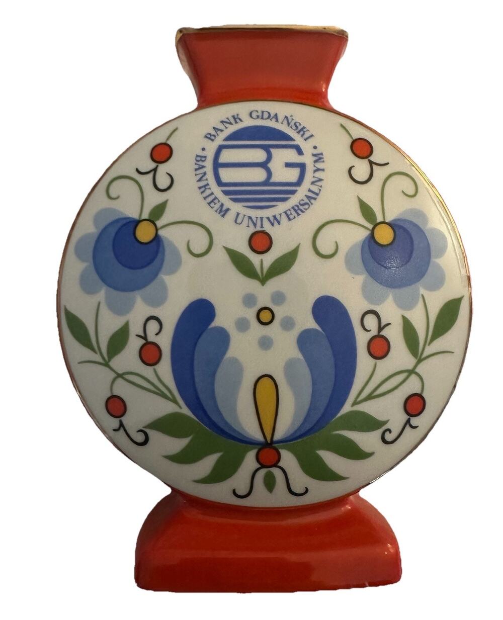 Poland LubinaΒ Pillow Vase-Porcelain Pottery Folk Art Bank Ofβ Gdansk Red Gold 6β